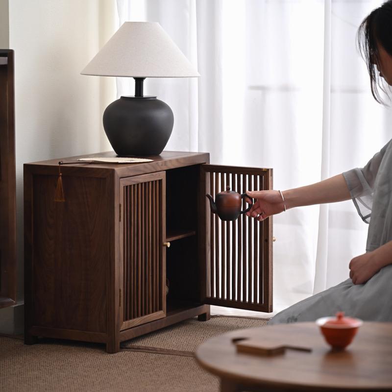 浮霞木坊黑胡桃木镂空双开门茶水柜茶空间实木中式复古储物收纳柜
