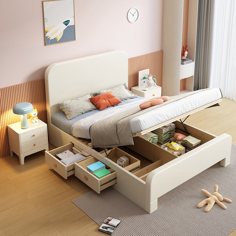 橡胶木实木床现代简约1.5米儿童床家用主卧单人床1.2米白色储物床