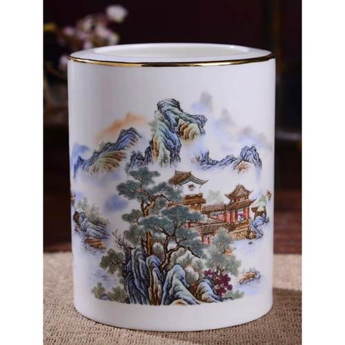 陶瓷笔筒山水画文具圆形毛笔圆珠笔多功能办公笔筒景德镇陶瓷笔筒
