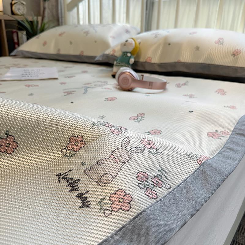 卡通夏天床上凉席三件套小碎花席子可水洗冰藤席冰丝席藤席兔子