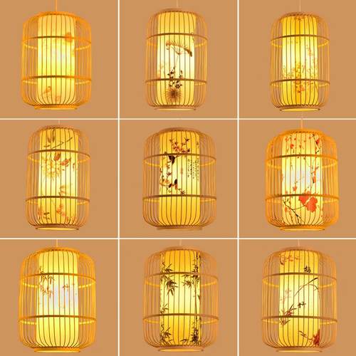 新中式复古风艺术竹艺吊灯鸟笼餐厅包厢包间茶楼禅意编织竹编灯笼