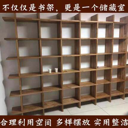 老榆木满墙落地书架办公室客厅实木转角隔断式收纳置物架书柜定制
