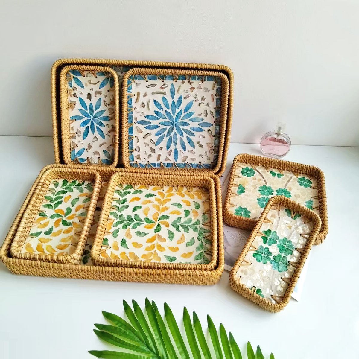 越南手工藤编贝壳托盘方形彩贝客厅茶几茶盘编织收纳篮水果零食框,餐饮具,果盆/果盘/果篮,淘宝优惠券,粉丝福利购,淘宝优惠卷