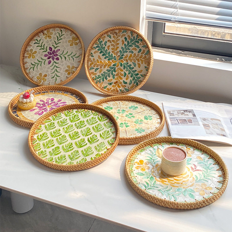 藤编贝壳圆盘深海彩贝提耳托盘双耳美食水果盘面包篮创意民宿茶盘,餐饮具,餐用托盘,淘宝优惠券,粉丝福利购,淘宝优惠卷