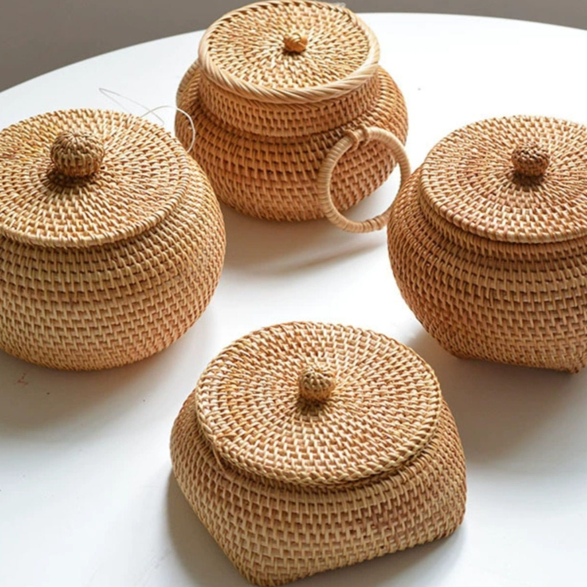 秋藤编织圆形带盖储物盒茶几杂物桌面装饰品整理收纳盒子零食篮子,收纳整理,桌面收纳盒,淘宝优惠券,粉丝福利购,淘宝优惠卷