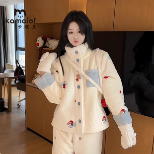 法兰绒睡衣女2025冬季加绒加厚保暖可爱气质高领家居服套装可外穿