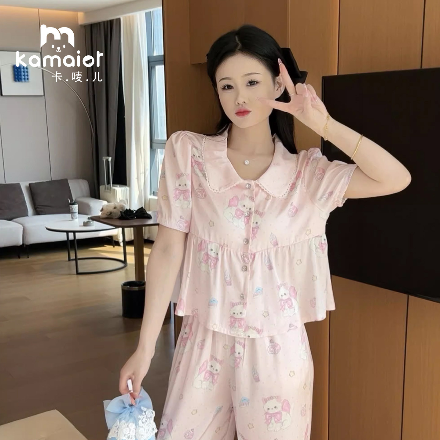 卡唛儿女冰丝家居服套装睡衣胸垫
