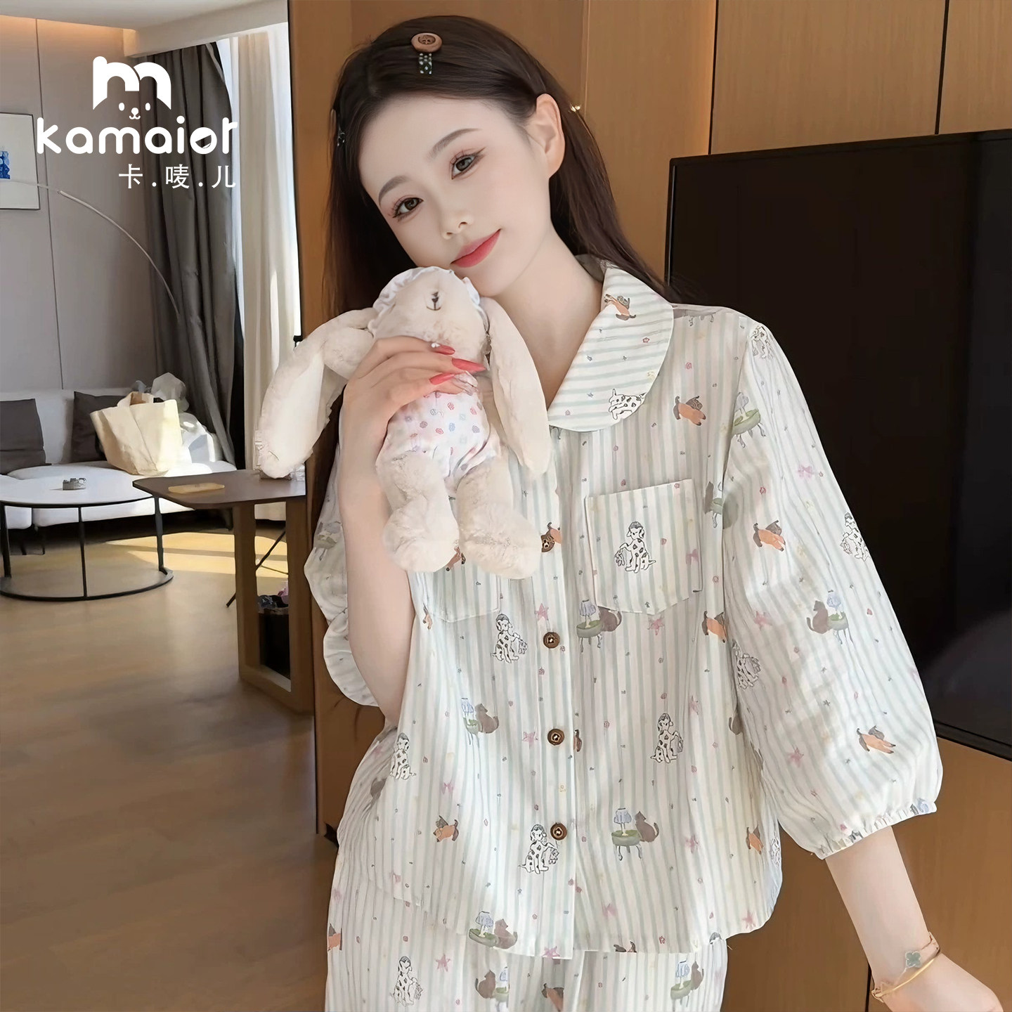夏季2026新款可爱休闲显瘦纯棉睡衣女绿色条纹家居服中袖外穿透气