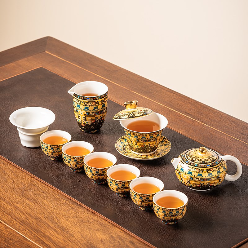 描金羊脂玉瓷唐卡凤鸣壶悬停旋转盖碗陶瓷茶具泡茶壶茶杯套组套装