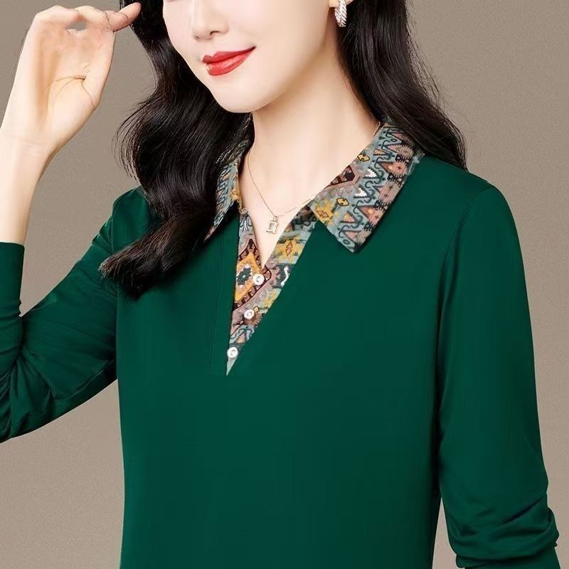 大码时尚妈妈翻领假两件长袖T恤