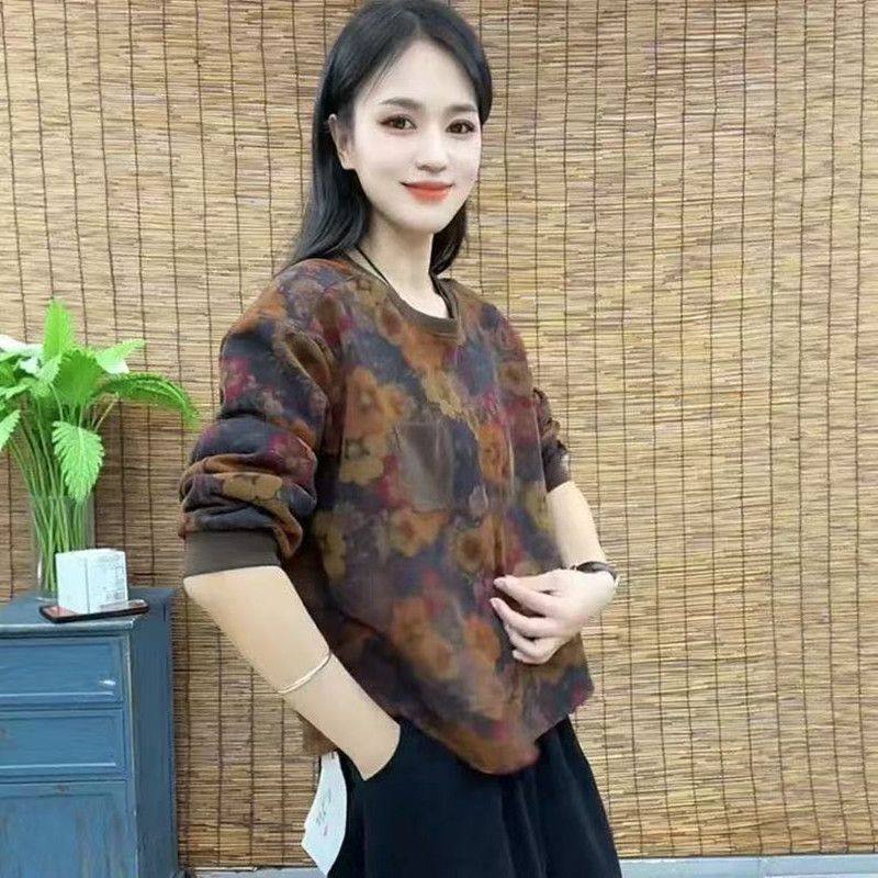 新款德绒洋气印花长袖卫衣女大码保暖上衣中年妈妈显瘦减龄打底衫,女装/女士精品,大码内搭,淘宝优惠券,粉丝福利购,淘宝优惠卷