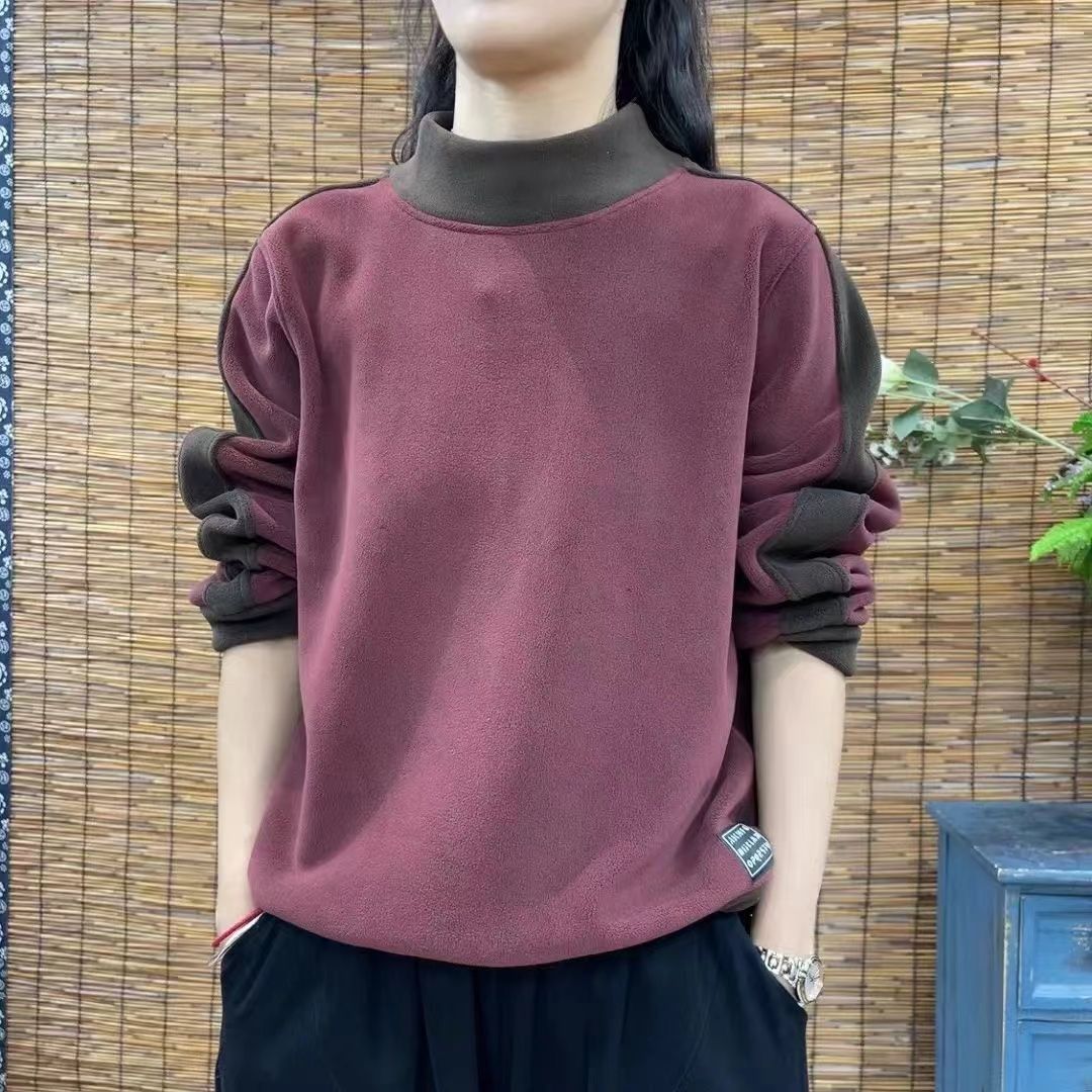秋冬季加绒加厚半高领卫衣女新款中年妈妈洋气保暖上衣内搭打底衫