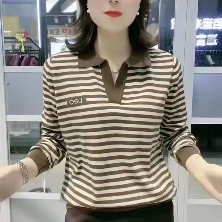 春秋条纹长袖T恤上衣大码妈妈装