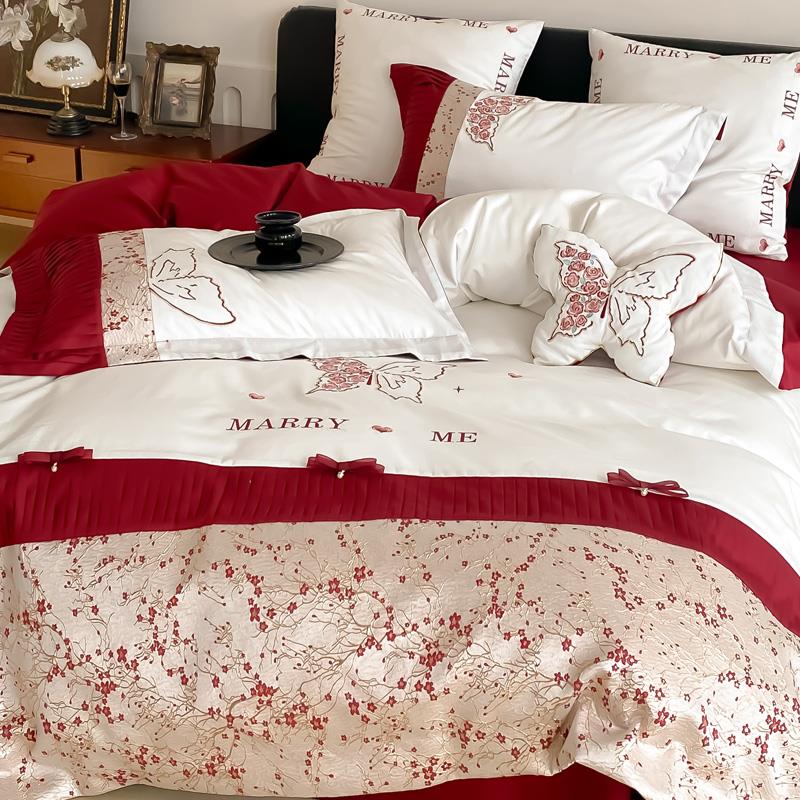 婚庆100S长绒棉全棉床单四件套精致蝴蝶刺绣红色拼接被套床上用品