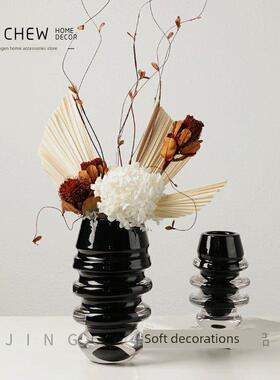 高端艺术无障碍豪华黑色玻璃花瓶插花花卉装饰品样板间售楼处客厅