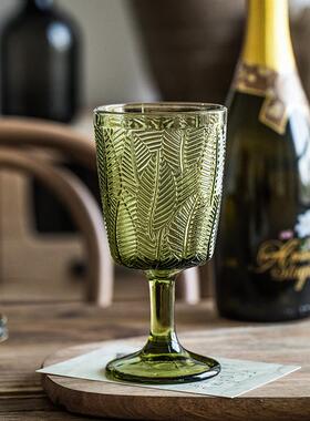巷子尾【小众感~复古绿色高脚杯】浮雕树叶玻璃杯宴请聚会红酒杯