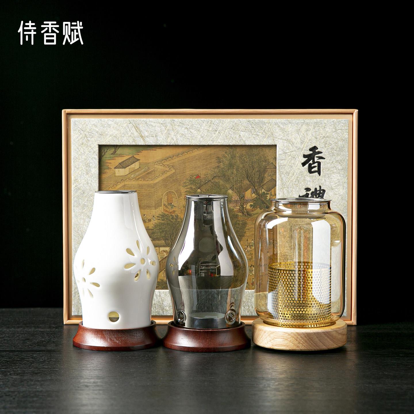 国风古画防木纹翻盖蜡烛香薰灯礼盒陶瓷玻璃香薰炉高端礼品盒包装