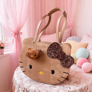 日单蕾系包量产型拿铁黑皮kitty可爱双肩包包女豹纹凯蒂猫单肩包