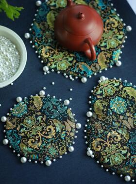 引之螺钿真丝宋锦茶垫高端珍珠杯垫加厚小茶托布艺礼品隔热茶壶垫