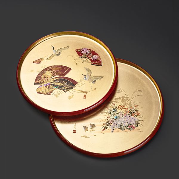现货日本进口山中漆器金箔圆形托盘匠师手作日式茶盘果盘大漆盘子