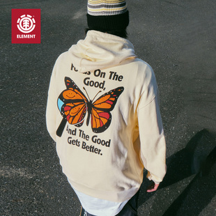 美国ELEMENT滑板连帽重磅卫衣男宽松蝴蝶印花内里磨毛落肩上衣潮
