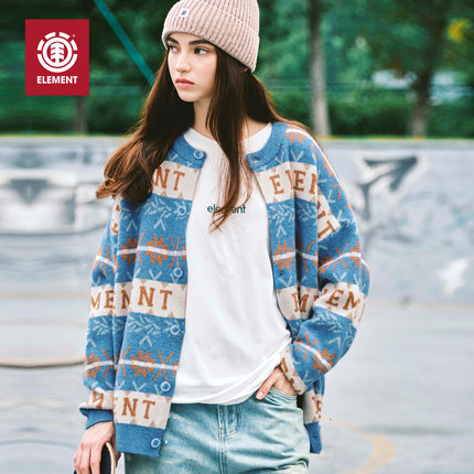 美国ELEMENT滑板费尔岛开衫毛衣女蓝色宽松复古提花绵羊毛针织衫