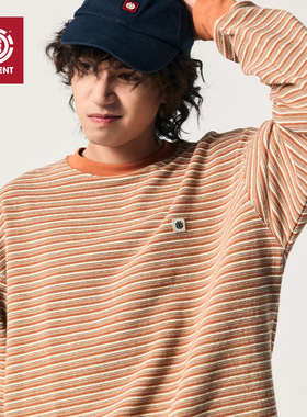 美国ELEMENT滑板长袖T恤男秋冬雪尼尔绒条纹街头风重磅落肩上衣女