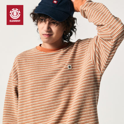 美国ELEMENT滑板长袖T恤男秋冬雪尼尔绒条纹街头风重磅落肩上衣女
