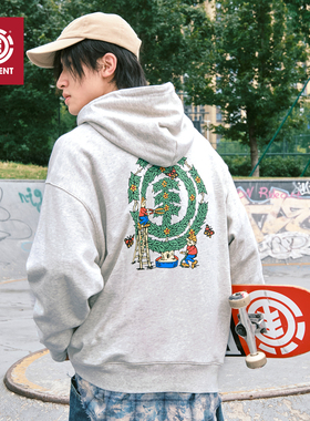 美国ELEMENT滑板连帽卫衣男灰色街头风趣味印花磨毛落肩重磅上衣