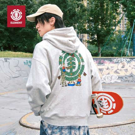 美国ELEMENT滑板连帽卫衣男灰色街头风趣味印花磨毛落肩重磅上衣