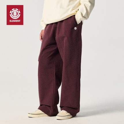 美国ELEMENT滑板休闲裤男酒红色宽松复古格纹刺绣直筒运动长裤潮
