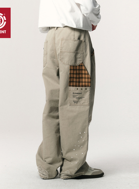 ELEMENT滑板休闲裤男复古宽松撞色工装裤破洞猫须水洗百搭长裤潮