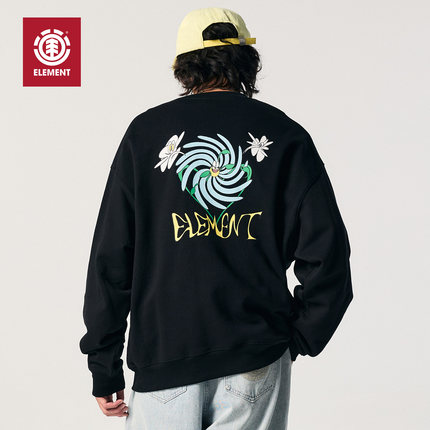 美国ELEMENT滑板圆领卫衣男圆领黑色复古印花内里磨毛重磅上衣潮