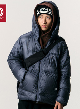 美国ELEMENT滑板羽绒服男复古蓝灰色双层领90白鸭绒连帽加厚外套