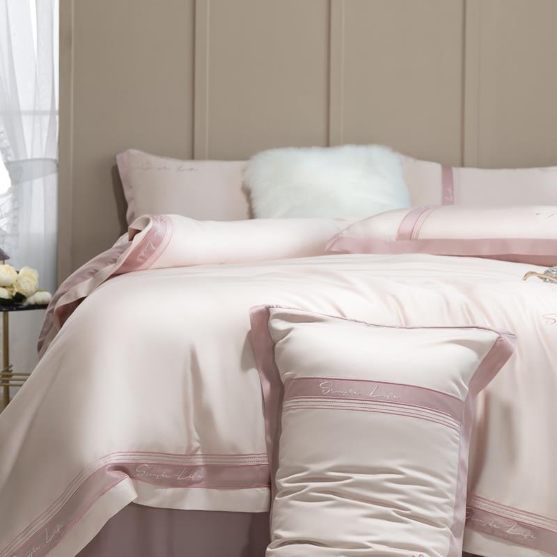 公主风粉色80S夏季双面天丝四件套轻奢拼接简约纯色1.8米床上用品
