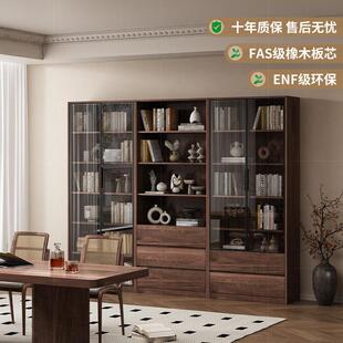 中古风书柜实木储物柜一体靠墙法式覆古客厅展示柜落地柜置物架