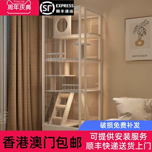 香港包邮全景玻璃猫别墅家用实木猫笼子猫砂盆一体猫舍豪华猫屋子