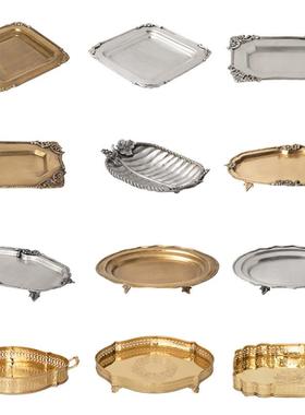 轻奢黄铜覆古雕花托 托盘样板间做旧银色纯铜客厅卧室妆台首饰收