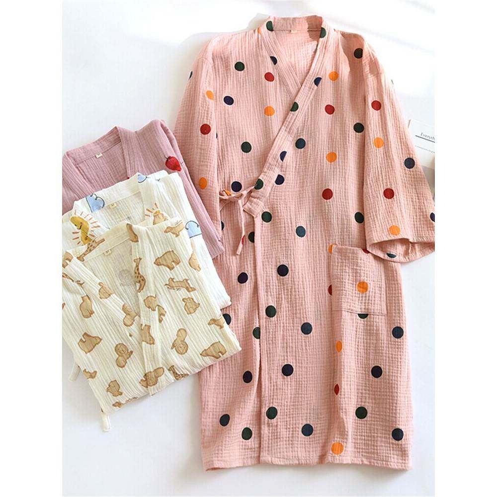 纯棉绉纱睡衣和服浴袍春秋季夏季女式纯棉薄纱双层家装宽松睡衣