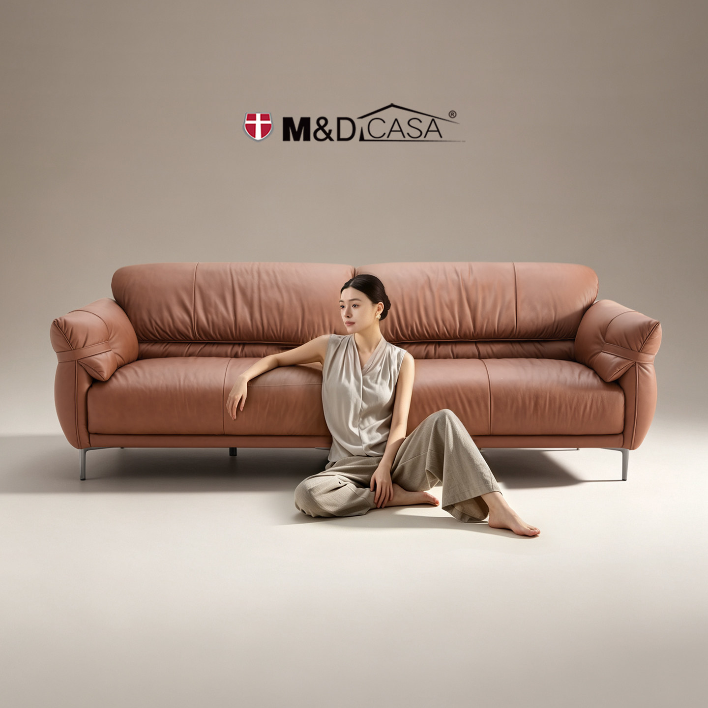 M&DCASA半青皮沙发意式极简客厅中古直排真皮沙发卡普里KA07
