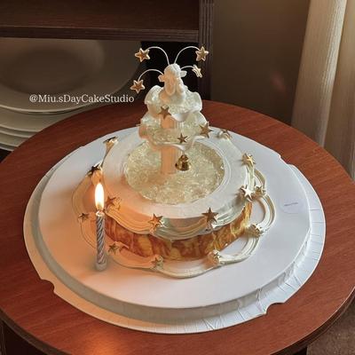 网红许愿池巴斯克蛋糕装饰摆件复古罗马柱天使女神生日甜品插件