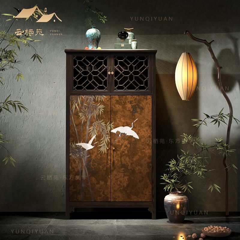 宋代美中式仙鹤实木储物柜斗柜衣柜家用卧室收纳柜客厅靠墙小边柜