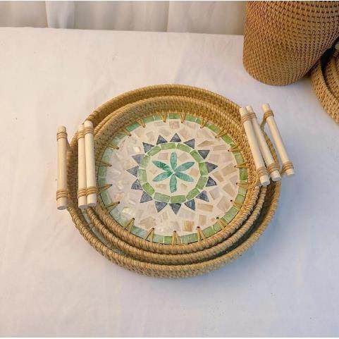 藤编贝壳圆盘深海彩贝提耳托 托盘双耳美食水果盘面包篮创意民宿,收纳整理,其他收纳篮,淘宝优惠券,粉丝福利购,淘宝优惠卷