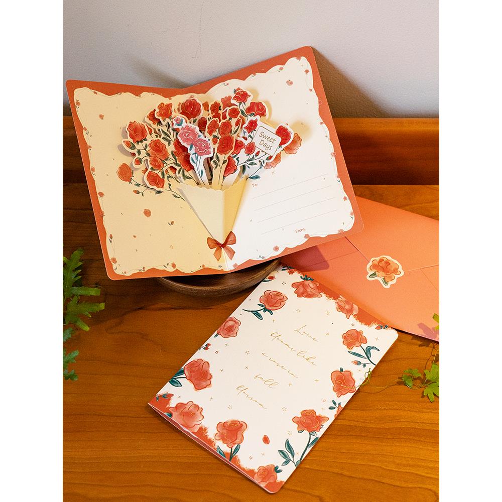 森屿叶烫金玫瑰3D立体贺卡高颜值送闺蜜情侣表白卡可折叠祝福卡片