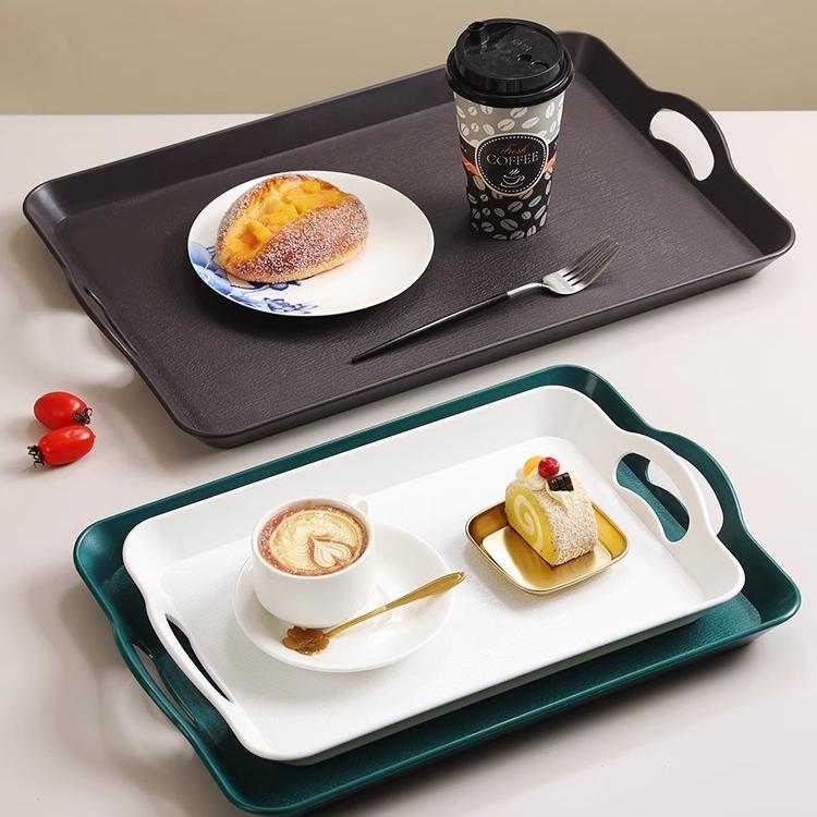 墨绿色防滑木纹长方形托 托盘酒店饭厅盘子塑料商用双耳端菜上菜