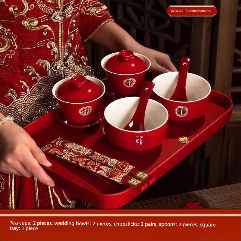 结婚敬茶杯婚庆陶瓷喜碗改口杯新人陪嫁喜敬酒杯杯子套装结婚用