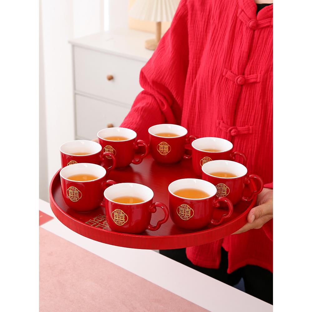 中式结婚庆改口敬茶杯套装新款婚礼用品红色喜杯手柄防烫新娘单杯