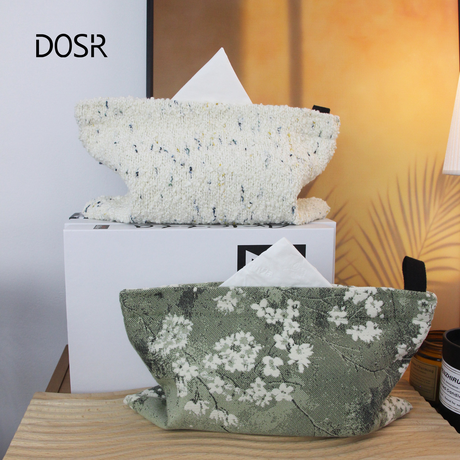 dosr浅绿碎花纸巾套提花纸巾盒花园布艺抽纸盒客厅茶几边几电视柜