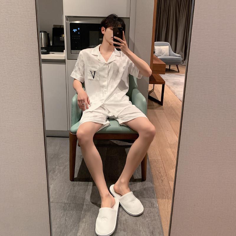 睡衣男冰丝夏季薄款短袖短裤男士白色格子居家服男款凉感丝绸套装