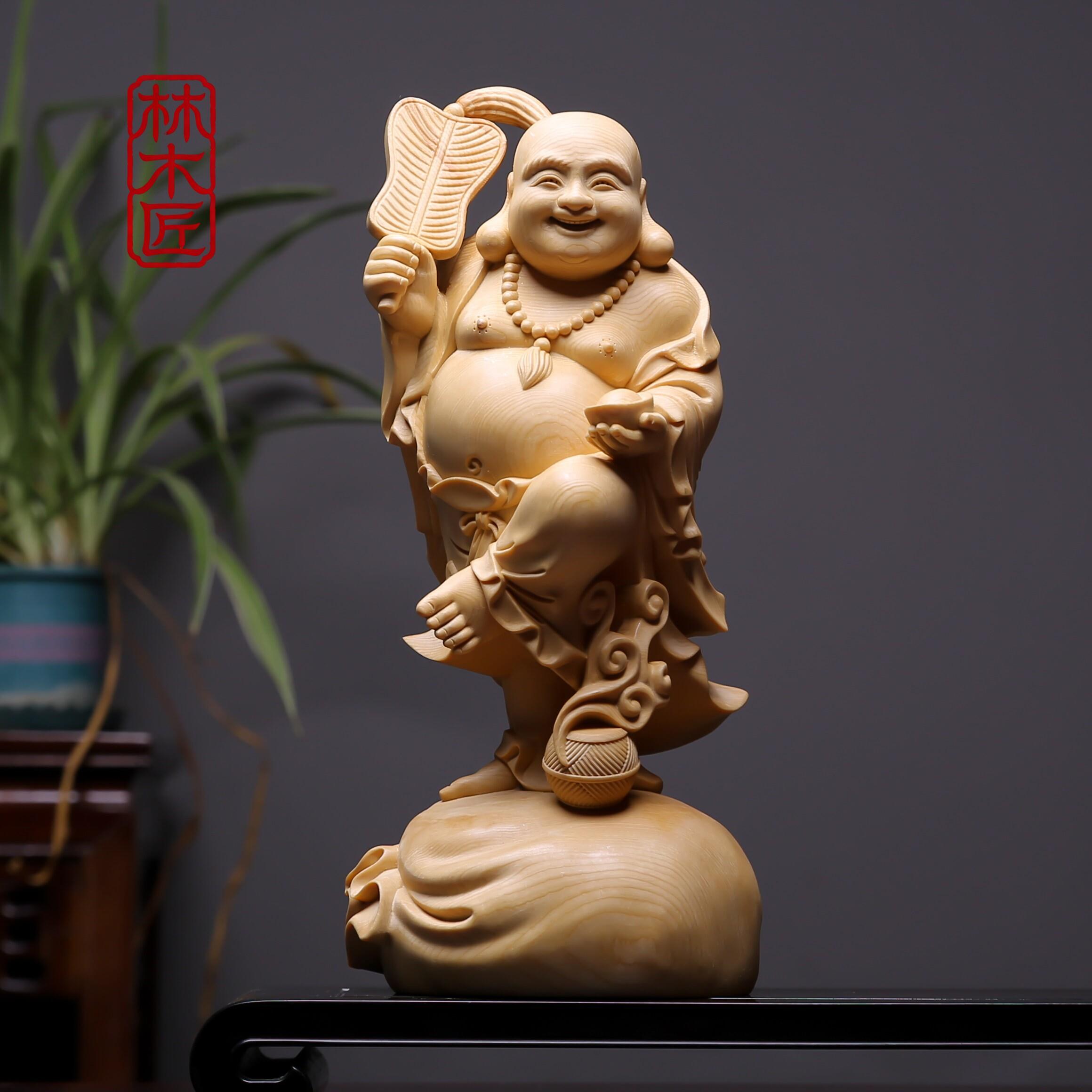 桧木精雕芭蕉扇弥勒佛像摆件手工雕刻开业招财送礼笑佛木雕工艺礼